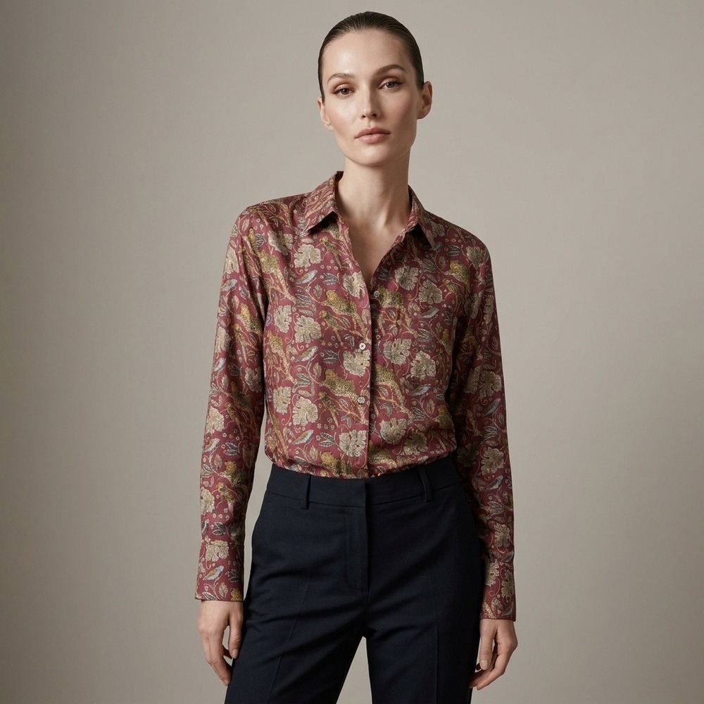 J.Crew Collection Silk Twill Button Up Shirt Leopard Bird Print AS266 Red 00